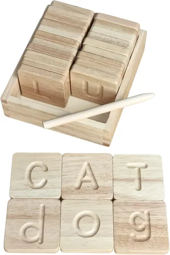 Montessori - Juego de azulejos del alfabeto de madera, letras de seguimiento para niños, tarjetas flash ABC de doble cara (mayúsculas y minúsculas)