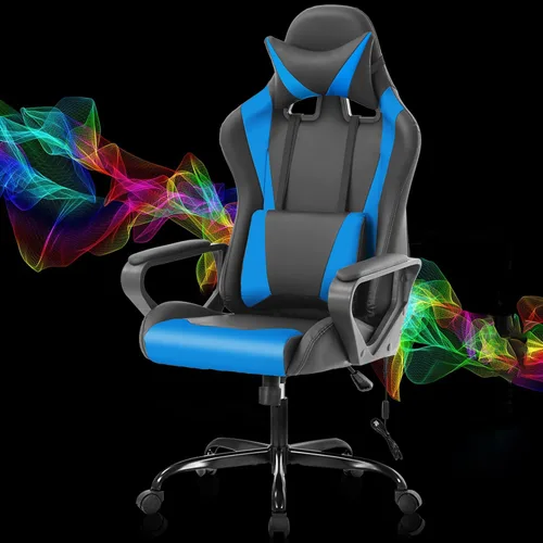 Miniatura 14 de Silla ergonómica para videojuegos, silla de oficina de piel sintética con respaldo alto y soporte lumbar ajustable y reposacabezas - Silla giratoria