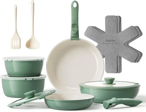 Miniatura 13 de Redchef - Juego de ollas y sartenes de cerámica, juego de utensilios de cocina antiadherentes con mango desmontable, juego de utensilios de cocina