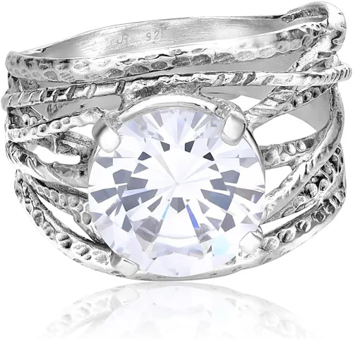 Anillo de plata de ley 925 con una punta de circonita cúbica redonda blanca, hipoalergénico, sin níquel ni plomo, colección de diseñadores
