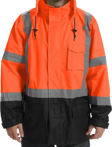 Miniatura 2 de Chaquetas de lluvia reflectantes para hombre impermeables, abrigo de seguridad Hi Vis con tiras reflectantes, chaquetas de lluvia de alta Naranja02