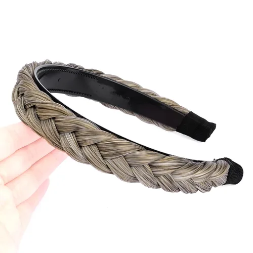 Miniatura 15 de Ancho de 1.5 cm Banda de pelo sintético trenzada estrecha con dientes para mujeres y niñas (Negro)