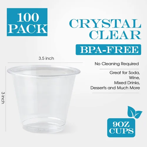 Miniatura 4 de Turbo Bee Paquete de 100 Vasos de Plástico Transparente de 9 oz, Vasos Desechables de Plástico Transparente para Beber, Vasos de Fiesta de Plástico