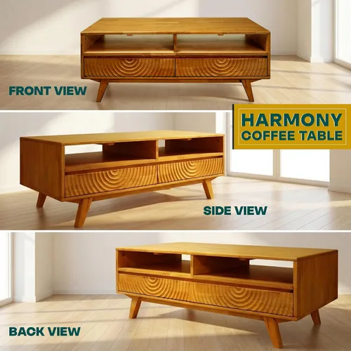 Miniatura 9 de Acacia Harmony - Mesa de centro de madera maciza de goma con cajones y almacenamiento abierto, 47.2 pulgadas de largo, mesas de centro perfectas