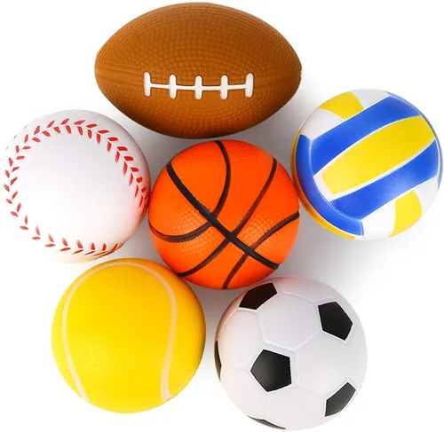 MCPINKY 6 bolas de espuma para el estrés, 2.5 pulgadas, mini pelotas deportivas para apretar, baloncesto, fútbol, fútbol, tenis, voleibol, juguetes