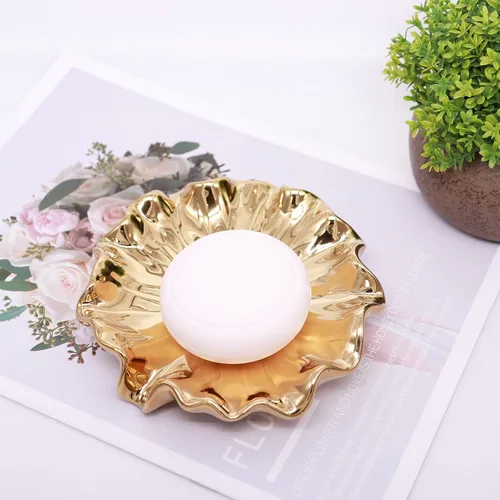 Miniatura 6 de Jabonera de hoja de loto de cerámica dorada, jabonera autodrenante, ranura de cascada, accesorios de baño para baño, cocina, mostrador de bar.