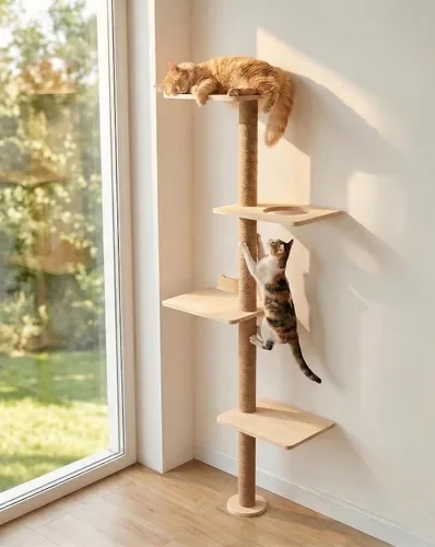 Miniatura 8 de Postes altos de rascado para gatos, árbol de gatos de 4 niveles, torre para gatitos montada en la pared, pared de escalada con alfombra para gatos