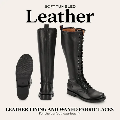 Miniatura 4 de Frye Veronica Botas de combate altas de 15 pulgadas para mujer, hechas de cuero de grano completo con construcción Goodyear Welt, cordones de tela