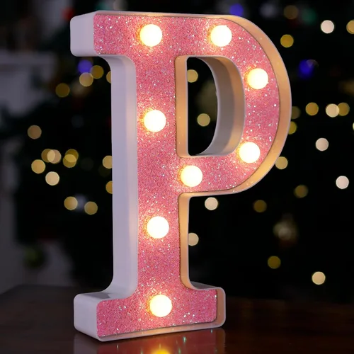 Miniatura 12 de Letras con luces LED, letras de marquesina con brillantina rosa, letras del alfabeto, letreros iluminados por pilas, para decoración de fiestas