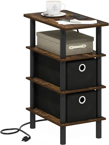 Miniatura 10 de Furinno Turn-N-Tube - Mesa auxiliar cuadrada de 2 niveles con estación de carga, mesita de noche, mesita de noche con puerto USB y tipo C, para sala