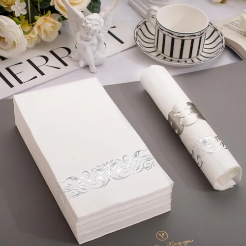 Miniatura 2 de WDF Paquete de 150 servilletas plateadas desechables de papel, servilletas plateadas de 3 capas, servilletas desechables de alta calidad, Blanco