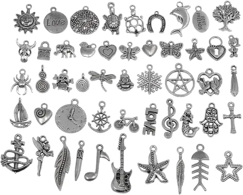 RUBYCA 50 dijes de plata mixta a granel para hacer joyas, pulseras, colgantes pequeños para collares, color plateado envejecido, como en la imagen