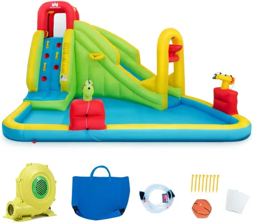 Miniatura 8 de HONEY JOY Tobogán acuático inflable, parque acuático inflable 7 en 1 para patio trasero de niños, piscina de chapoteo, pared de escalada, toboganes