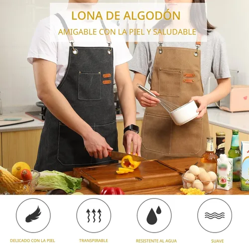 Miniatura 2 de Tosewever - Delantal de lona con espalda cruzada de chef de algodón para hombres y mujeres con bolsillos grandes Cappuccino marrón