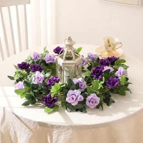Miniatura 6 de JUSTOYOU Paquete de 2 guirnaldas de rosas falsas (15.8 pies), rosas artificiales, enredaderas, guirnalda de flores para colgar, vid floral, boda