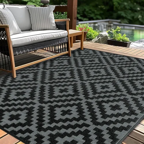 Miniatura 22 de Alfombra de paja de plástico para patio al aire libre, 5 x 8 pies, impermeable, reversible, alfombra de área, patio, caravana, porche, balcón, Azul