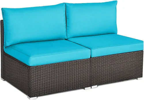Miniatura 20 de Tangkula Juego de muebles de mimbre de patio de 7 piezas, juego de sofá modular de ratán para 6 personas con cojines de asiento y respaldo, 2 Azul