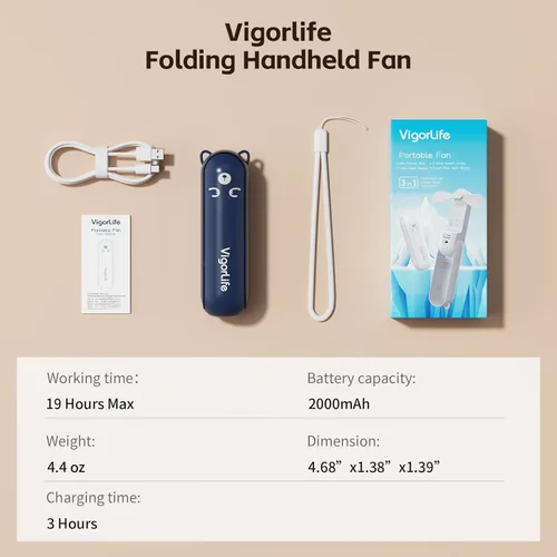 Miniatura 9 de Mini ventilador de mano, recargable por USB, 3 en 1, ventilador personal con cargador de batería, linterna LED, pequeño ventilador de bolsillo Azul