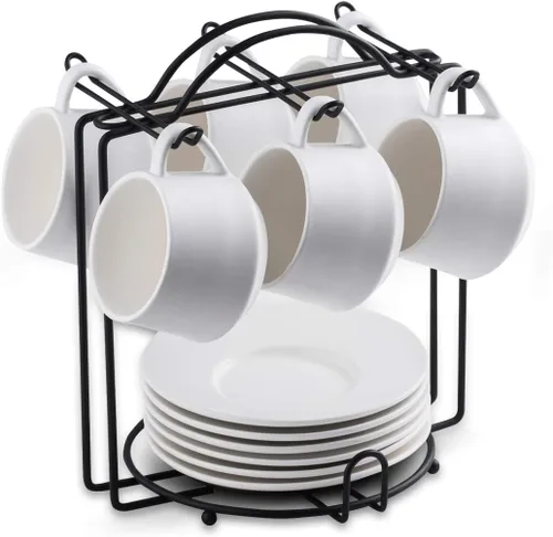 Miniatura 12 de YHOSSEUN Juego de 6 Tazas de Café Espresso de Cerámica, Tazas de Shots de Espresso de 4 Oz con Soporte, Platillos y Cucharas, Tazas Pequeñas de Café
