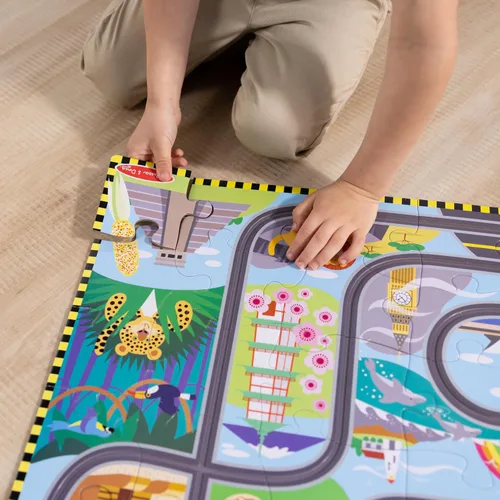 Miniatura 6 de Melissa & Doug Race Around The World Tracks - Rompecabezas de suelo de cartón y vehículos de cuerda (48 piezas) para preescolares y niños de 4+ años