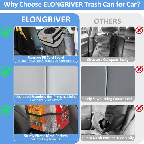 Miniatura 5 de ELONGRIVER - Basurero para asiento trasero o delantero de automóvil, a prueba de fugas, bonita bolsa de basura para vehículos utilitarios Gris