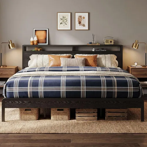 Miniatura 19 de LIKIMIO Marco de Cama King con Cabecero, Marco de Cama King de Madera Oscura con Soportes Fuertes, Resistente, Sin Ruido, No Necesita Somier, Nogal