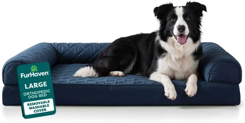 Miniatura 17 de Furhaven Cama ortopédica de espuma para perros, de pelo sintético y terciopelo, con diseño de caja de huevos, color salvia oscura, talla M Dark Sage