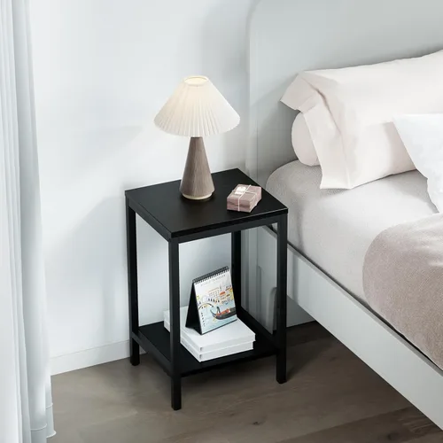 Miniatura 6 de SAYGOER Mesas auxiliares negras de 13.3 pulgadas de profundidad, mesita de noche de madera, marcos de metal, mesa de noche de 2 niveles con patas