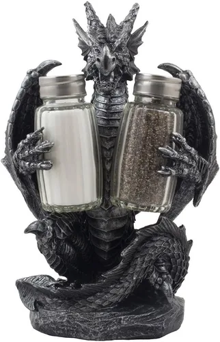 Home-n-Gifts - Juego de salero y pimentero de dragón mítico con figura de soporte para decoración medieval y de fantasía o mesa de cocina,