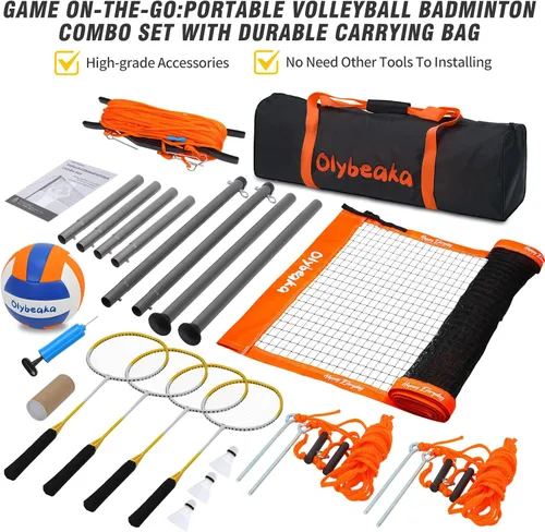 Miniatura 6 de Conjunto combinado de bádminton de voleibol al aire libre con red, diseño antiflacidez, 4 raquetas de bádminton, 3 pajaritos y voleibol de Oange