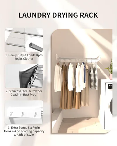 Miniatura 5 de YLGJ&TIDY Estante de secado de ropa montado en la pared, estante de secado de ropa de 31.5 pulgadas, estante de secado de ropa plegable con 5