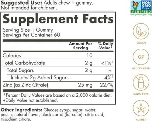 Miniatura 2 de Solgar Gomitas de zinc para adultos con 25 mg de citrato de zinc de ultra potencia para apoyo inmunológico, sabor mixto de frutas, veganas, kosher