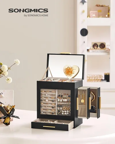 Miniatura 2 de SONGMICS Joyero con ventana de cristal, organizador de joyas de 5 capas con 3 cajones laterales, almacenamiento de joyas, con espejo grande