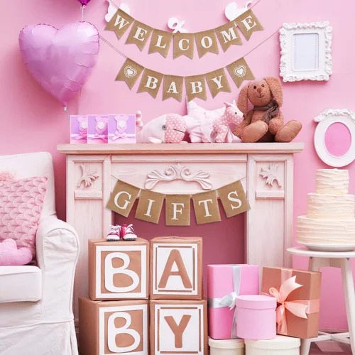 Miniatura 3 de 3 piezas de pancarta de bienvenida para bebé, pancarta de arpillera para el mercado de agricultores, guirnalda de banderines para fiesta de baby
