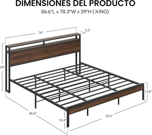 Miniatura 2 de LIKIMIO Marco de Cama King con Cabecero, Marco de Cama King de Madera Oscura con Soportes Fuertes, Resistente, Sin Ruido, No Necesita Somier, Nogal