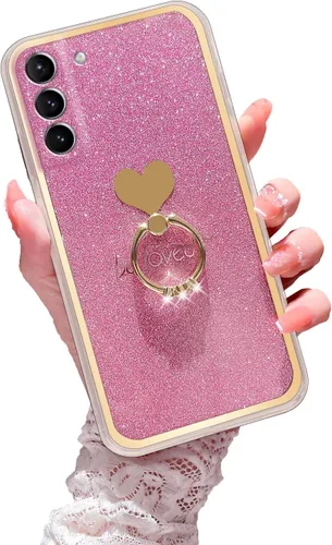 Funda para teléfono Samsung Galaxy S22 (6.1 pulgadas) Niñas Mujeres Linda Carcasa de Brillo de Lujo con Soporte de Anillo de Corazón Cubierta Rosa