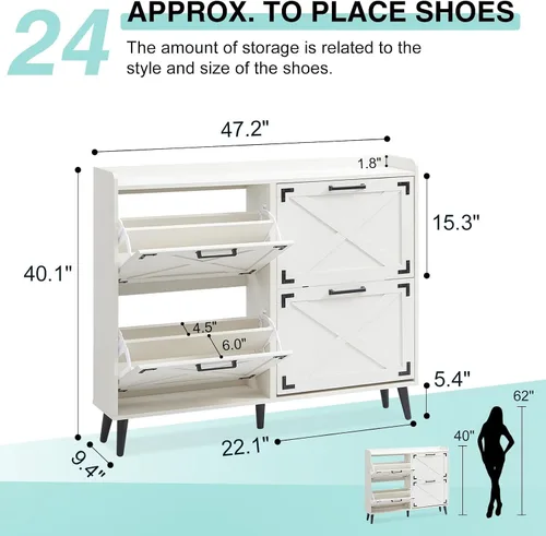 Miniatura 2 de Barnyatoh - Gabinete de almacenamiento de zapatos estilo granja, organizador de zapatos con 2 cajones abatibles y diseño de puerta de granero