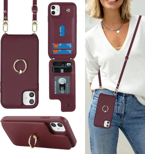 Miniatura 44 de Lipvina para iPhone 11 Pro Funda para teléfono con tarjetero y correa para mujeres, cordón cruzado, soporte de anillo con patas, cierre de presión