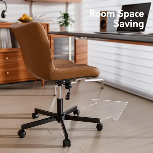 Miniatura 8 de Silla de escritorio sin brazos de cuero marrón, cojín ergonómico suave, altura ajustable, balanceo, oficina en casa