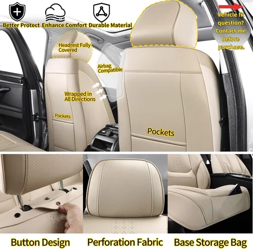 Miniatura 4 de Juego completo de fundas de asiento de automóvil, fundas de asiento de cuero beige, protectores transpirables para asientos delanteros y traseros