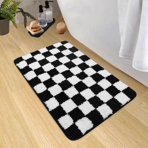 Miniatura 12 de Alfombras redondas a cuadros para baño, lavables a máquina, negras y blancas de 2 pies, alfombrilla de baño antideslizante y absorbente, alfombra