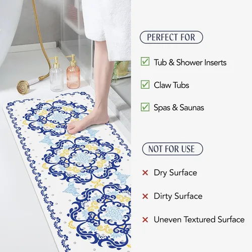 Miniatura 6 de SHUCHING - Alfombra de baño antideslizante azul para bañera de 40 x 16 pulgadas, estilo bohemio Tapete de bañera para ancianos sin moho, tapete