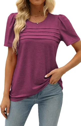 Miniatura 50 de JomeDesign - Camisetas casuales de verano para mujer, manga corta, cuello redondo, manga abullonada