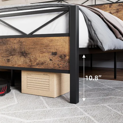 Miniatura 3 de GAOMON Base de cama tamaño Queen, marco de cama de plataforma de metal con cabecera y estribo de madera rústica vintage, sin ruido, fácil montaje