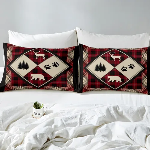 Miniatura 5 de Funda de edredón de oso y ciervo, tamaño matrimonial, estampado de patas de animales salvajes de pino abstracto, funda de edredón de 3 piezas con 2