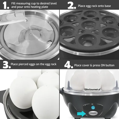 Miniatura 6 de Elite Gourmet EGC710DKG Cocedor Rápido de Huevos, 7 Huevos Hervidos Fáciles de Pelar, Duros, Medianos, Suaves, Escalfador, Máquina para Omelettes