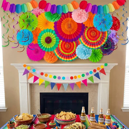 Miniatura 8 de Juego de 35 piezas de decoración para fiesta con abanicos de papel - Pom Poms del Cinco de Mayo, banderines, guirnaldas, pancartas, remolinos