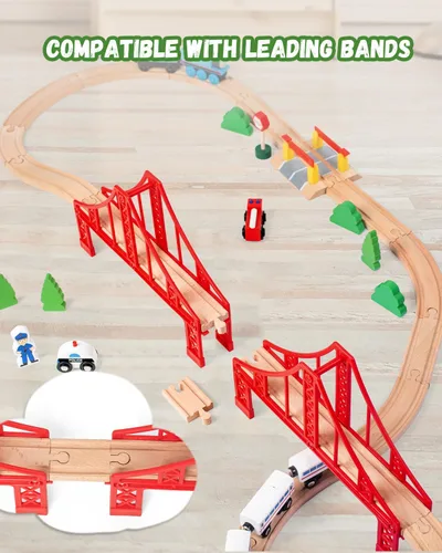 Miniatura 5 de Accesorios de vías de tren de madera, accesorios ferroviarios de tren, puente de tren de doble suspensión, juego de tren de juguete para niños