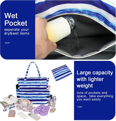 Miniatura 5 de Bolsas impermeables para la playa y la piscina, para mujeres y mujeres, extragrandes, bolsa de transporte con compartimento húmedo para viajes