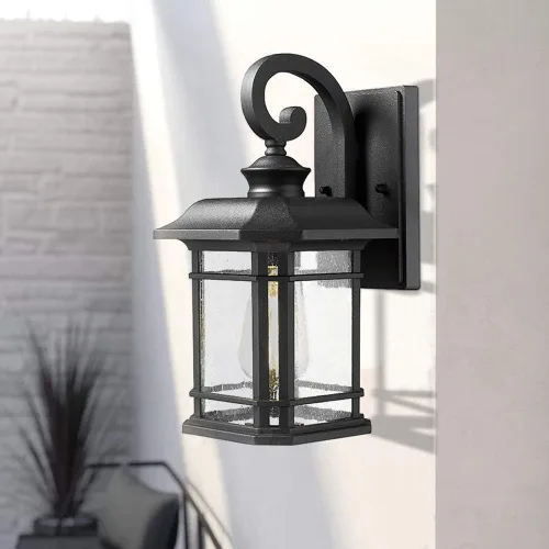 Miniatura 2 de Emliviar Luces de Farol de Pared para Exteriores, Lámpara de Aplique de Pared Exterior de 1 Luz, Acabado Negro con Vidrio Granulado Transparente